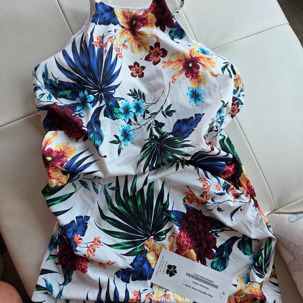High neck strap tankini with navy tummy tuk bottoms